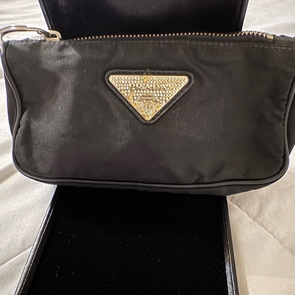 Prada Black Nylon Cosmetic Wrist Pouch with Silver Triangle Logo - Picture 2 of 4